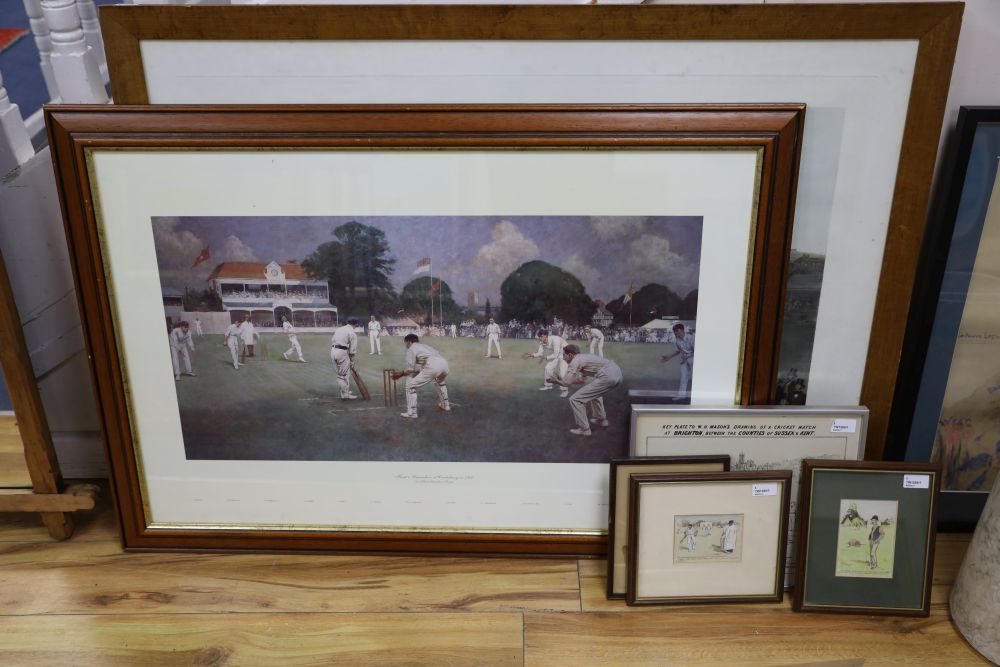 Five cricketing prints, including The Cricket Match between Sussex and Kent at Brighton